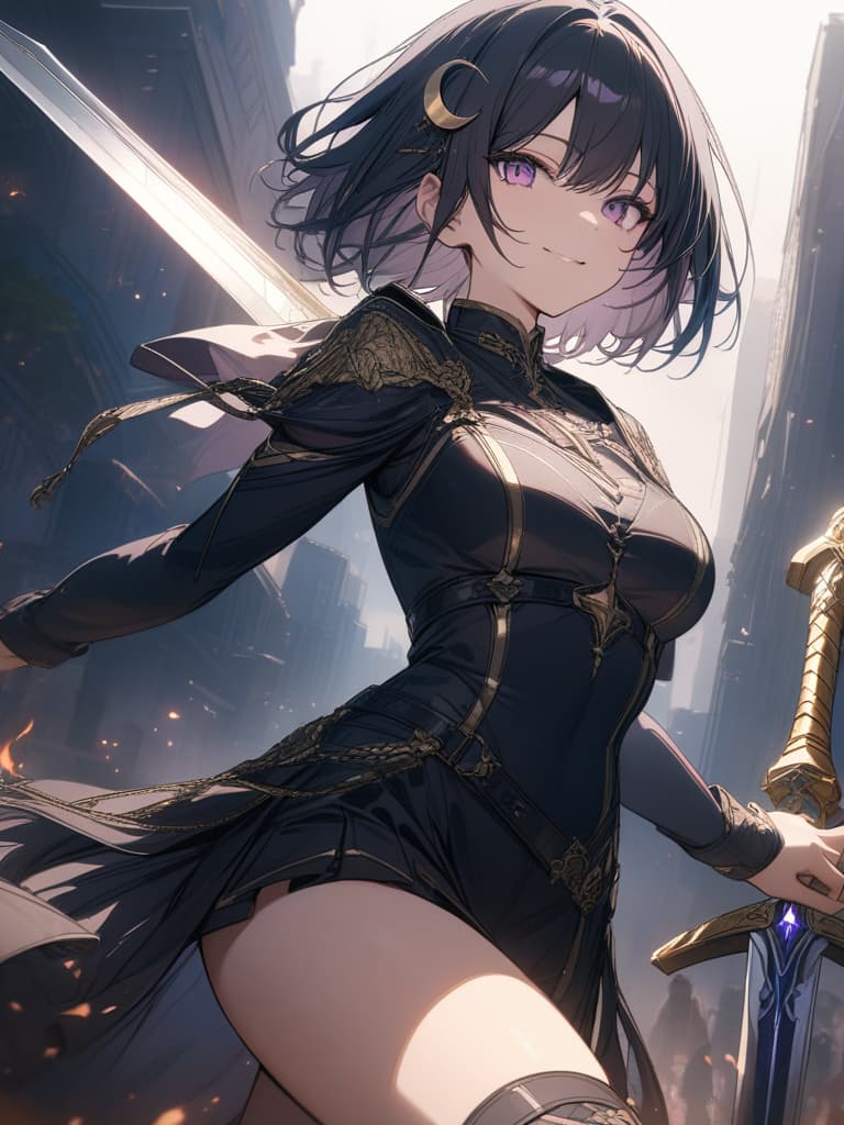  Holy sword,golden sword,burning city,smile,sword raised,golden light,Excalibur,cool girl,Black hair,(purple eyes),short,cropped hair,crescent moon hair ornament, masterpiece, best quality,8k,ultra detailed,high resolution,an extremely delicate and beautiful,hyper detail