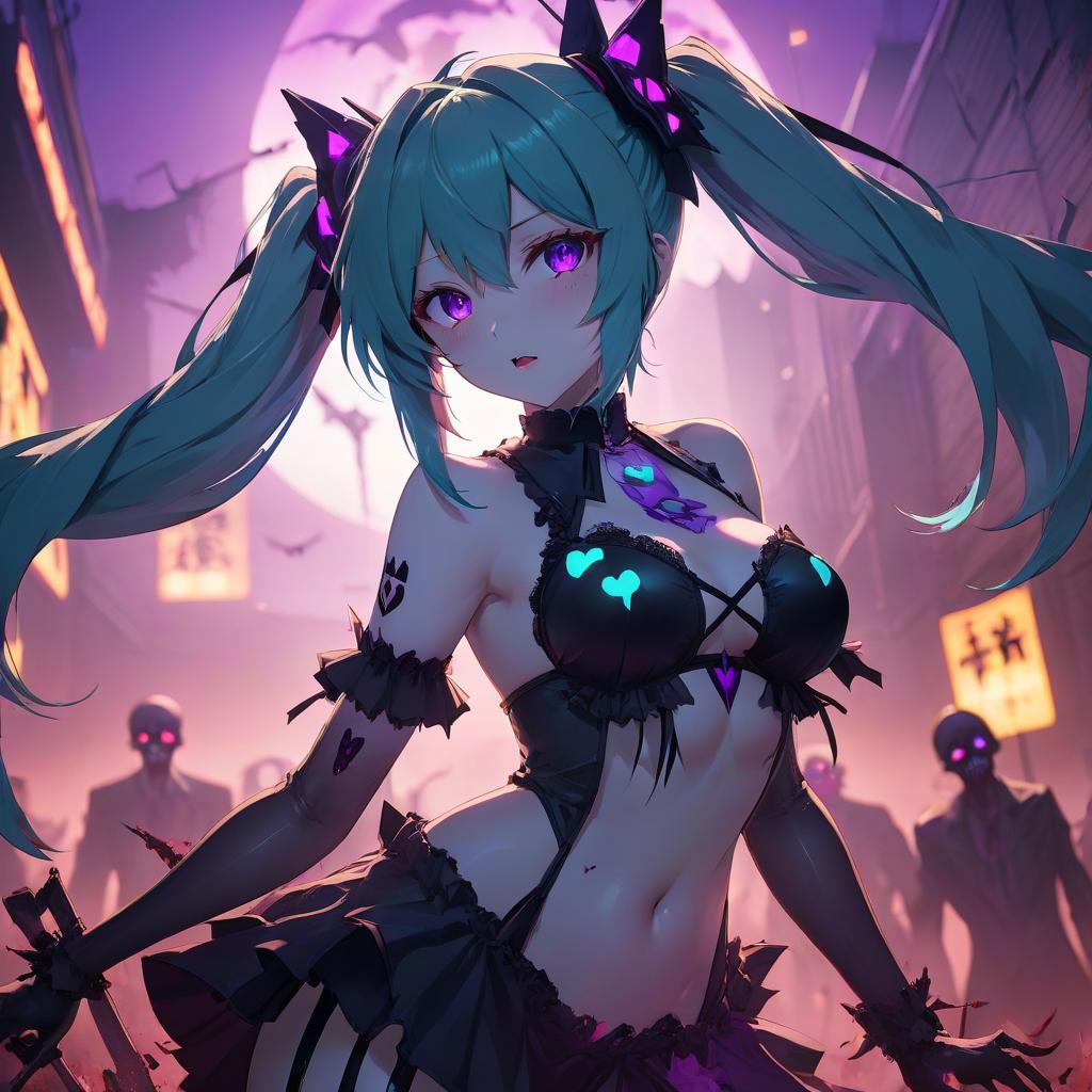  anime artwork a with gles standing in front of a purple light, hatsune miku, very devil outfit, ( ( ilration, shadows of zombies, 5 d, malevolent eny, best on wlop, by Aleksandr Ivanovich Laktionov, live2d, 🎀 🧟 🍓 🧚, h 1 0 2 4, 1024x1024 . anime style, key visual, vint, studio anime, highly detailed hyperrealistic, full body, detailed clothing, highly detailed, cinematic lighting, stunningly beautiful, intricate, sharp focus, f/1. 8, 85mm, (centered image composition), (professionally color graded), ((bright soft diffused light)), volumetric fog, trending on instagram, trending on tumblr, HDR 4K, 8K