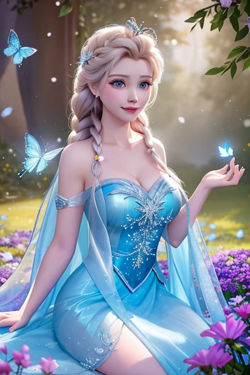  A highly detailed and realistic photo in the style of Disney, featuring a character resembling young Elsa. The image shows young Elsa wearing a sparkling blue dress, surrounded by glowing butterflies. She is sitting on a petal strewn ledge in a magical, dreamy environment. The scene is illuminated with soft, mystical light, creating an enchanting and whimsical atmosphere. Elsa's expression is filled with wonder and joy as she interacts with the butterflies. The background is softly blurred to keep the focus on Elsa and the butterflies. hyperrealistic, full body, detailed clothing, highly detailed, cinematic lighting, stunningly beautiful, intricate, sharp focus, f/1. 8, 85mm, (centered image composition), (professionally color graded), ((bright soft diffused light)), volumetric fog, trending on instagram, trending on tumblr, HDR 4K, 8K