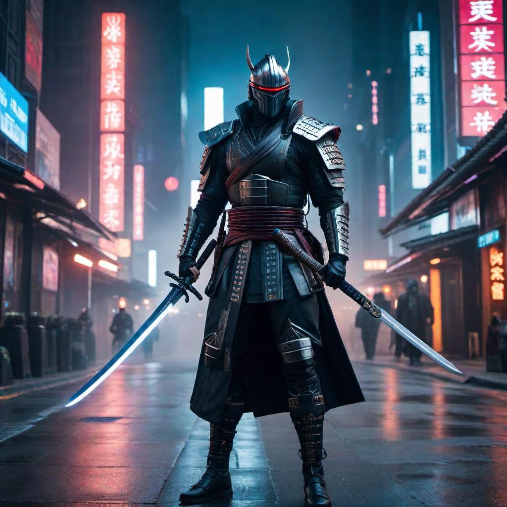  A cyber samurai holding a sword in a cyberpunk city hyperrealistic, full body, detailed clothing, highly detailed, cinematic lighting, stunningly beautiful, intricate, sharp focus, f/1. 8, 85mm, (centered image composition), (professionally color graded), ((bright soft diffused light)), volumetric fog, trending on instagram, trending on tumblr, HDR 4K, 8K