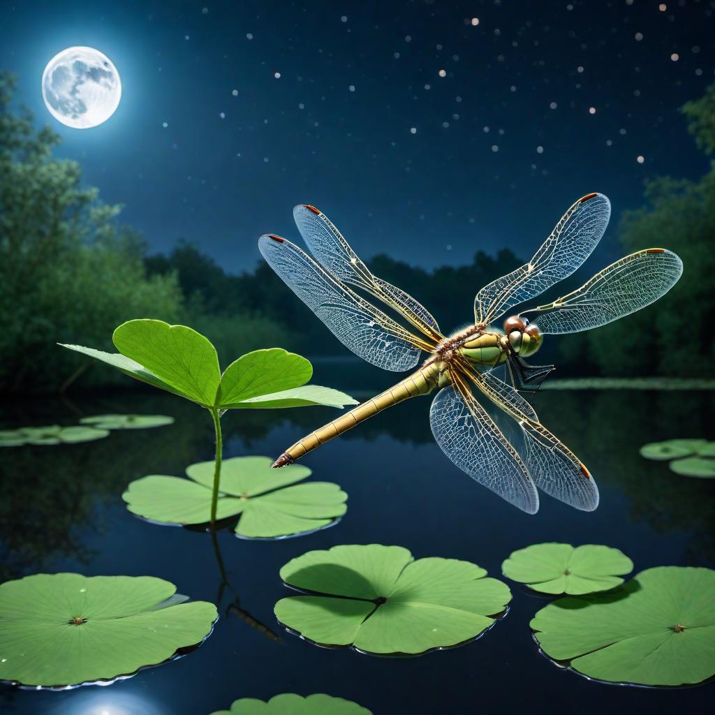  A lower, worm's-eye view looking up at a close-up of a dragonfly flying upwards. The scene is from a four-leaf clover at the edge of a pond, with the dragonfly's reflection visible in the water. The background features a blue night sky with a full moon in view, stars lightly scattered around. The image captures both the details of the dragonfly, the four-leaf clover, the pond, and the serene beauty of the night sky. hyperrealistic, full body, detailed clothing, highly detailed, cinematic lighting, stunningly beautiful, intricate, sharp focus, f/1. 8, 85mm, (centered image composition), (professionally color graded), ((bright soft diffused light)), volumetric fog, trending on instagram, trending on tumblr, HDR 4K, 8K