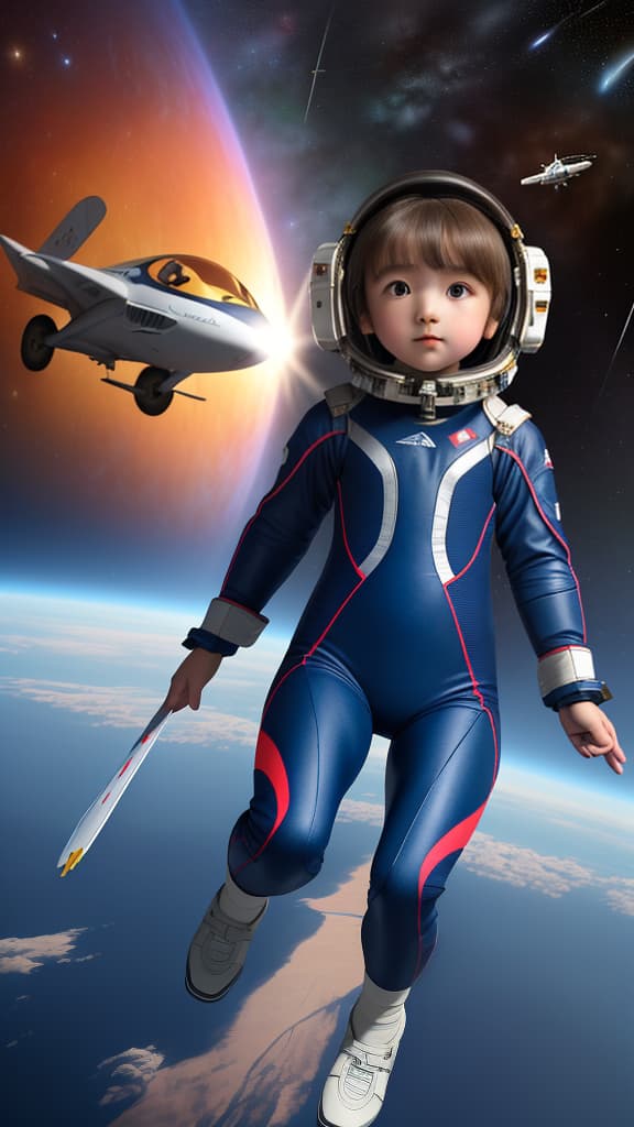  Masterpiece, best quality, little girl wearing an aero suit, carrying an aircraft, overlooking the earth, flying in space, future technology sense, exploring the universe, 8k ultra clear