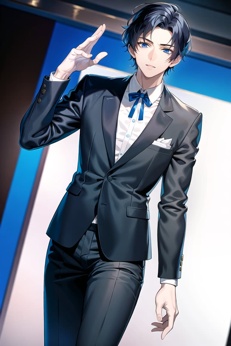  master piece , best quality,A young man with blue eyes and short black hair in a neat suit