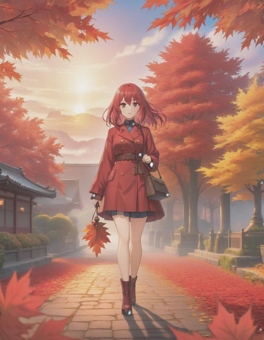  anime artwork Against the background of the sunset, the red maples, the warm autumn, the world of fantasy. . anime style, key visual, vibrant, studio anime, highly detailed hyperrealistic, full body, detailed clothing, highly detailed, cinematic lighting, stunningly beautiful, intricate, sharp focus, f/1. 8, 85mm, (centered image composition), (professionally color graded), ((bright soft diffused light)), volumetric fog, trending on instagram, trending on tumblr, HDR 4K, 8K