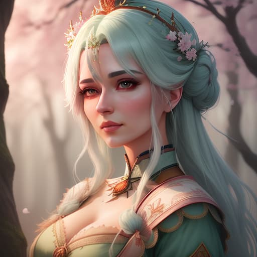  The queen of the forest with white hair in a gently green and gently pink tinted attire and crown, against a backdrop of cherry blossoms., (Extremely Detailed Oil Painting:1.2), glow effects, godrays, Hand drawn, render, 8k, octane render, cinema 4d, blender, dark, atmospheric 4k ultra detailed, cinematic sensual, Sharp focus, humorous illustration, big depth of field, Masterpiece, colors, 3d octane render, 4k, concept art, trending on artstation, hyperrealistic, Vivid colors, extremely detailed CG unity 8k wallpaper, trending on ArtStation, trending on CGSociety, Intricate, High Detail, dramatic hyperrealistic, full body, detailed clothing, highly detailed, cinematic lighting, stunningly beautiful, intricate, sharp focus, f/1. 8, 85mm, (centered image composition), (professionally color graded), ((bright soft diffused light)), volumetric fog, trending on instagram, trending on tumblr, HDR 4K, 8K