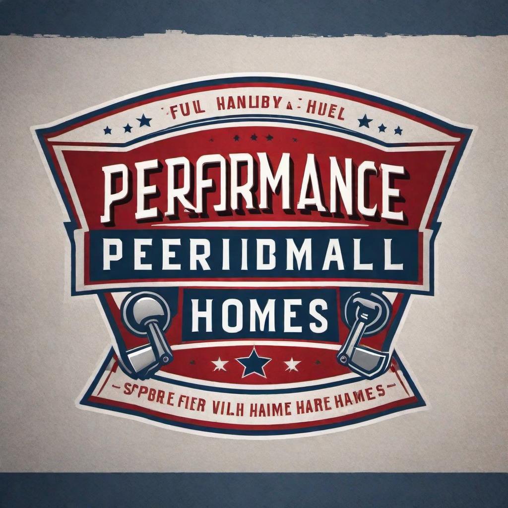  Vintage style logo for a residential handyman business named 'Performance Homes and More LLC'. The logo should primarily use the colors red, white, and blue. It should include vintage handyman elements and be eye-catching. Icons or symbols could include tools such as wrenches, hammers, or screwdrivers, along with elements related to mobile homes like porches, vinyl siding, or plumbing. The font should match the vintage aesthetic. Ensure the spelling is correct: 'Performance Homes and More LLC'. hyperrealistic, full body, detailed clothing, highly detailed, cinematic lighting, stunningly beautiful, intricate, sharp focus, f/1. 8, 85mm, (centered image composition), (professionally color graded), ((bright soft diffused light)), volumetric fog, trending on instagram, trending on tumblr, HDR 4K, 8K