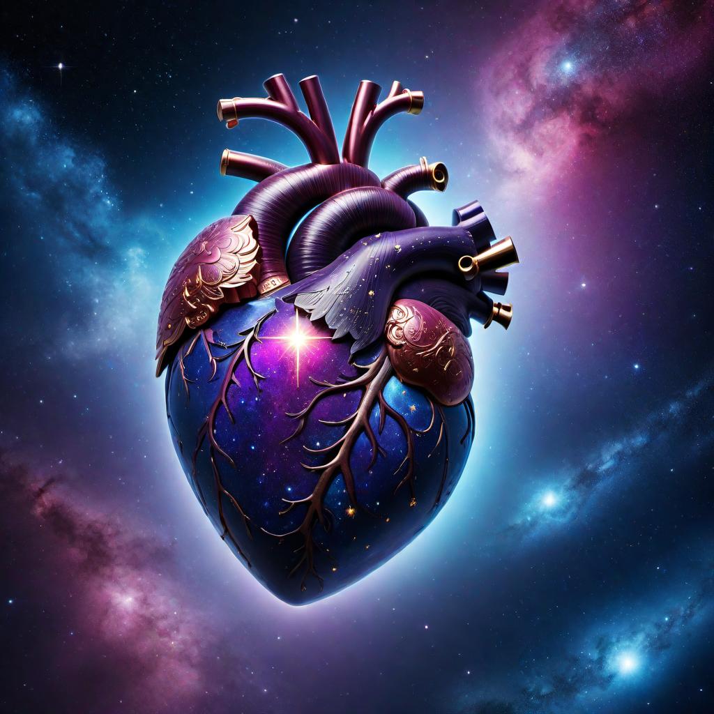  A cosmo heart, blending the imagery of the cosmos and a heart shape. The heart should be filled with vibrant hues of blues, purples, and pinks, resembling a galaxy with stars, planets, and cosmic dust inside. The background should be a dark space setting, highlighting the glowing and mystical essence of the cosmic heart. hyperrealistic, full body, detailed clothing, highly detailed, cinematic lighting, stunningly beautiful, intricate, sharp focus, f/1. 8, 85mm, (centered image composition), (professionally color graded), ((bright soft diffused light)), volumetric fog, trending on instagram, trending on tumblr, HDR 4K, 8K