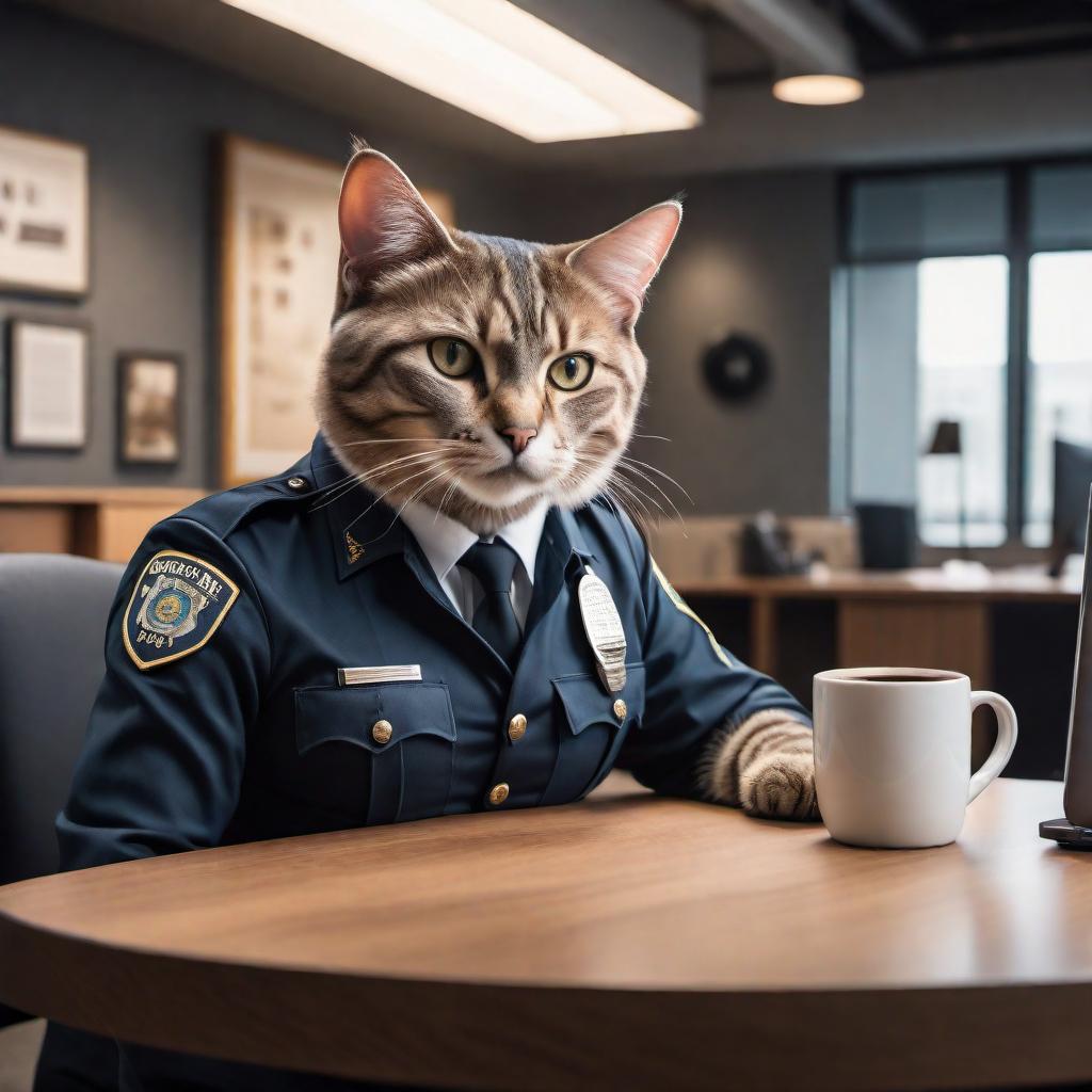  A funny meme featuring a cat with a very human-like appearance, dressed in a police uniform, is sitting at a table. The cat is holding a handgun in one paw and a coffee mug in the other. The background is a typical office setting. The meme has a caption at the top that says 'I HAVEN'T HAD MY COFFEE YET' and at the bottom, it says 'DON'T PURRR-SUE ME'. The cat looks irritated, and the overall vibe is humorous, playing on the phrase 'don't pursue me' with 'purr-sue'. hyperrealistic, full body, detailed clothing, highly detailed, cinematic lighting, stunningly beautiful, intricate, sharp focus, f/1. 8, 85mm, (centered image composition), (professionally color graded), ((bright soft diffused light)), volumetric fog, trending on instagram, trending on tumblr, HDR 4K, 8K