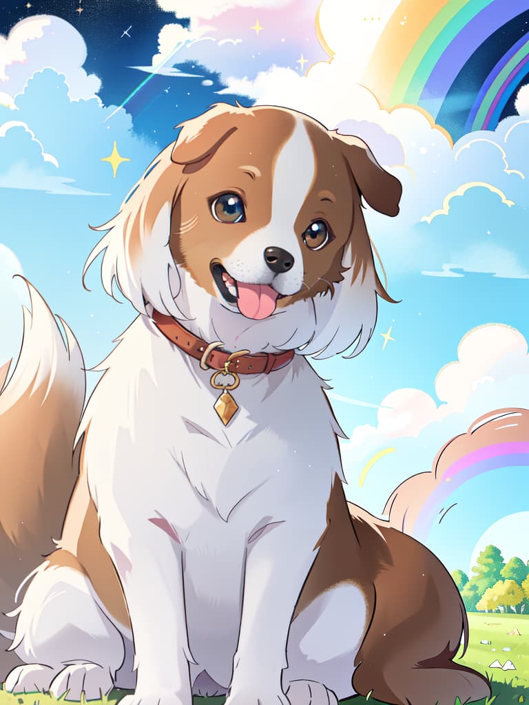  Dog, Small, Park, White and Brown, the wind blows, glitter, tongue, Rainbow Eye, masterpiece, best quality,8k,ultra detailed,high resolution,an extremely delicate and beautiful,hyper detail