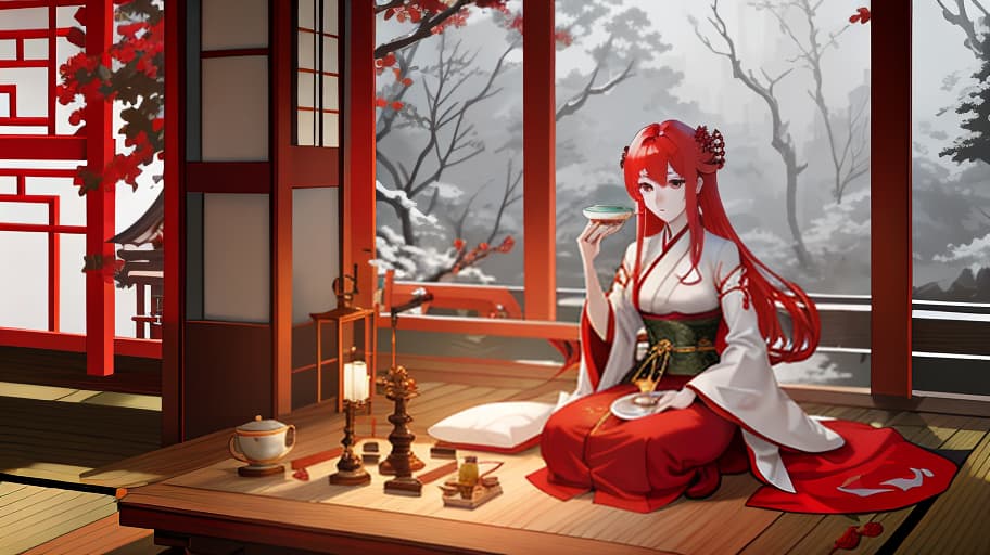  The red haired Rusalki are sitting at a Japanese temple and having a tea party in ancient Chinese gowns., Manga big eyes expressive faces colorful hair Hayao Miyazaki Masashi Kishimoto Makoto Shinkai CLAMP Yoshiyuki Sadamoto hyperrealistic, full body, detailed clothing, highly detailed, cinematic lighting, stunningly beautiful, intricate, sharp focus, f/1. 8, 85mm, (centered image composition), (professionally color graded), ((bright soft diffused light)), volumetric fog, trending on instagram, trending on tumblr, HDR 4K, 8K