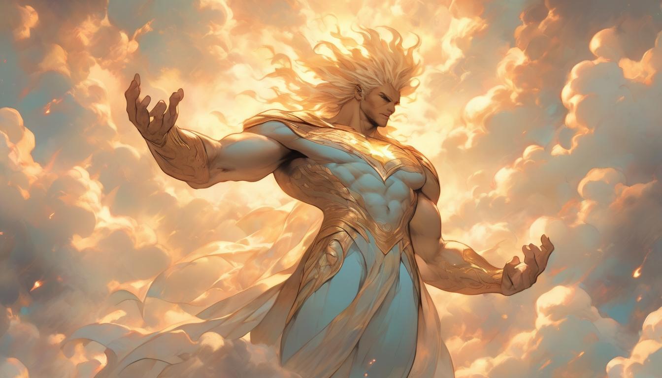  hyperrealism,fantasy aestheticVishnu descending from the heavens, surrounded by divine light, intricate clouds, ethereal atmosphere, regal and serene presence, high tech clothing clad in sleek, futuristic costume with metallic accents and form fitting designs, marvel superhero comics style, unreal engine rendering