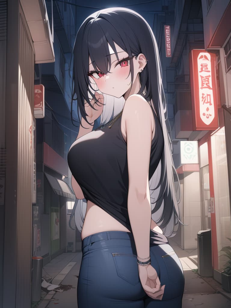  Black hair, green mesh, black T shirt, black damage jeans, long hair, tobacco, bracelet, necklace, pierced piercing, red pupil, back alley, night, sauce, woman, masterpiece, best quality,8k,ultra detailed,high resolution,an extremely delicate and beautiful,hyper detail