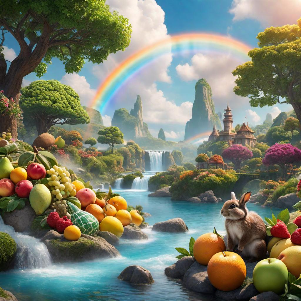  Remake the image: a whimsical, vibrant scene with cartoon-like characters in a colorful landscape. There is a rainbow stretching across the sky, with fluffy clouds scattered around. A river flows with crystal blue water, and on the banks, there are various animals like birds, rabbits, and a friendly dragon. The sun is shining brightly, and there are trees with candy-like fruits. hyperrealistic, full body, detailed clothing, highly detailed, cinematic lighting, stunningly beautiful, intricate, sharp focus, f/1. 8, 85mm, (centered image composition), (professionally color graded), ((bright soft diffused light)), volumetric fog, trending on instagram, trending on tumblr, HDR 4K, 8K