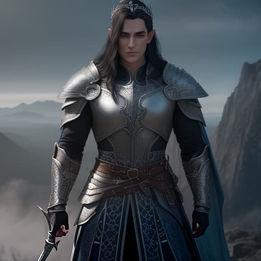  A beautiful, manly, warlike young elf with long black hair, gray eyes, a narrow face, and a scar on his face, wearing silver chainmail armor, a blue cloak, and a crown, stands upright against a backdrop of blue misty mountains., shot 35 mm, realism, octane render, 8k, trending on artstation, 35 mm camera, unreal engine, hyper detailed, photo realistic maximum detail, volumetric light, realistic matte painting, hyper photorealistic, trending on artstation, ultra detailed, realistic hyperrealistic, full body, detailed clothing, highly detailed, cinematic lighting, stunningly beautiful, intricate, sharp focus, f/1. 8, 85mm, (centered image composition), (professionally color graded), ((bright soft diffused light)), volumetric fog, trending on instagram, trending on tumblr, HDR 4K, 8K