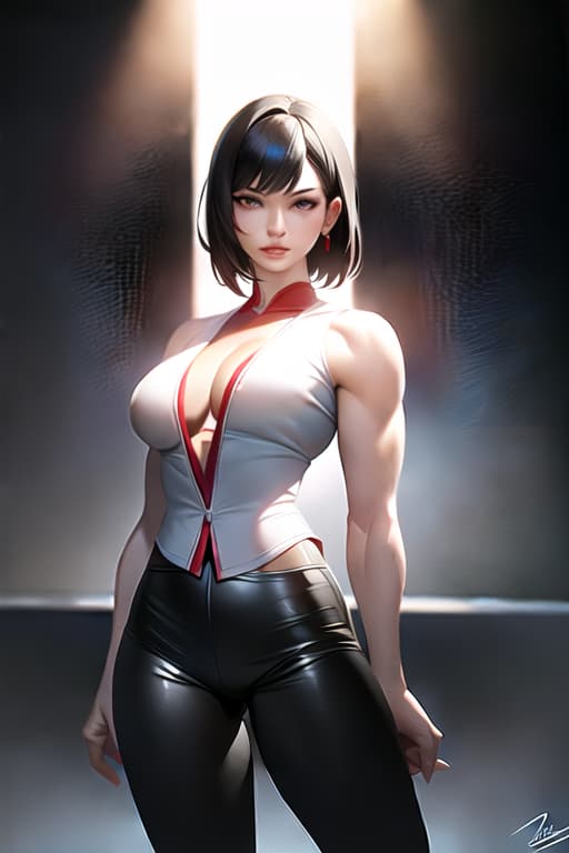  Black hair, berry short hair, beautiful woman, white dress shirt, Japanese samurai red armor, black leather pants, muscles, Japanese swords, head to thighs, (Masterpiece, BestQuality:1.3), (ultra detailed:1.2), (hyperrealistic:1.3), (RAW photo:1.2),High detail RAW color photo, professional photograph, (Photorealistic:1.4), (realistic:1.4), ,professional lighting, (japanese), beautiful face, (realistic face)