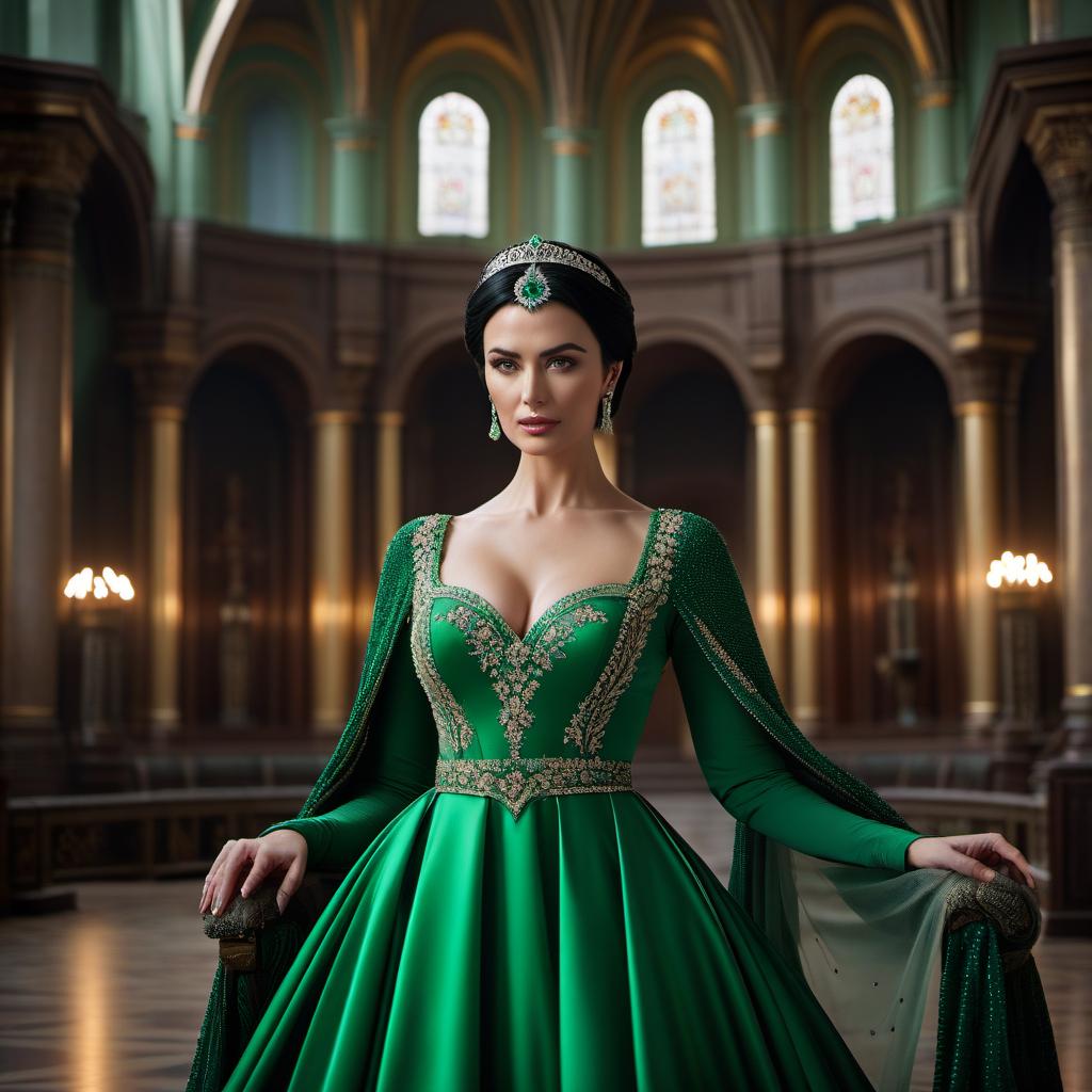  cinematic photo A with Slavic features, black haired, short hair, fair skinned, is standing in the middle of a throne room wearing a green dress. . 35mm photograph, film, bokeh, professional, 4k, highly detailed hyperrealistic, full body, detailed clothing, highly detailed, cinematic lighting, stunningly beautiful, intricate, sharp focus, f/1. 8, 85mm, (centered image composition), (professionally color graded), ((bright soft diffused light)), volumetric fog, trending on instagram, trending on tumblr, HDR 4K, 8K