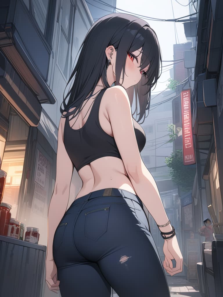  Black hair, green mesh, black T shirt, black damage jeans, long hair, tobacco, bracelet, necklace, pierced piercing, red pupil, back alley, night, sauce, woman, masterpiece, best quality,8k,ultra detailed,high resolution,an extremely delicate and beautiful,hyper detail