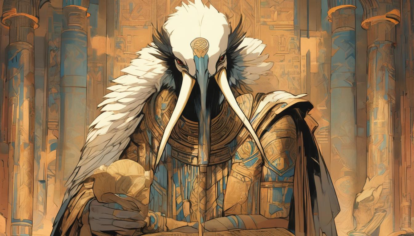  hyperrealism,fantasy aestheticThoth, Egyptian god, ibis head, holding a scribe's palette and reed pen, standing in profile, traditional Egyptian attire, papyrus scrolls around, atmosphere of wisdom and knowledge, high tech clothing clad in sleek, futuristic costume with metallic accents and form fitting designs, marvel superhero comics style, unreal engine rendering