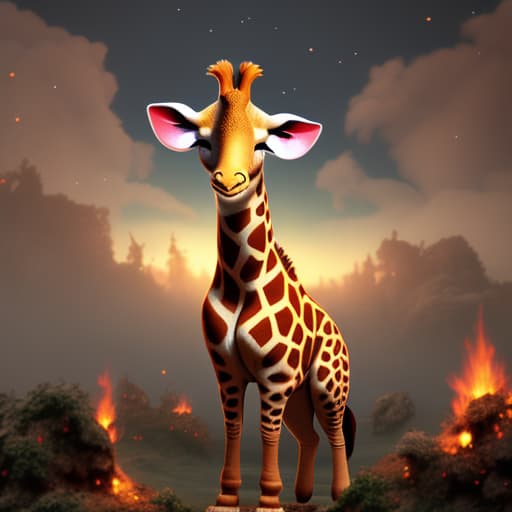  giraffe in hell hyperrealistic, full body, detailed clothing, highly detailed, cinematic lighting, stunningly beautiful, intricate, sharp focus, f/1. 8, 85mm, (centered image composition), (professionally color graded), ((bright soft diffused light)), volumetric fog, trending on instagram, trending on tumblr, HDR 4K, 8K