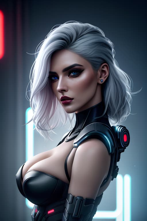  ultra realistic portrait ((beautiful pale cyberpunk female with heavy black eyeliner)), blue eyes, shaved side long wavy haircut, huge boobs, deep cleavage, hyper detail, cinematic lighting, magic neon, dark red city, Canon EOS R3, nikon, f/1.4, ISO 200, 1/160s, 8K, RAW, unedited, symmetrical balance, in frame, 8K hyperrealistic, full body, detailed clothing, highly detailed, cinematic lighting, stunningly beautiful, intricate, sharp focus, f/1. 8, 85mm, (centered image composition), (professionally color graded), ((bright soft diffused light)), volumetric fog, trending on instagram, trending on tumblr, HDR 4K, 8K
