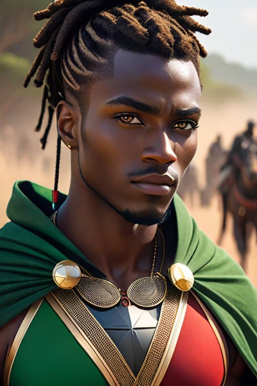  Young African aged 15, very beautiful with black superhero costume, long cape in the colors of the flag of Kenya red green black white, Afro dreadlocks, herd of zes and savannah in the background, determined look, very beautiful, brown eyes, almond shaped eyes, small s, beautiful smile hyperrealistic, full body, detailed clothing, highly detailed, cinematic lighting, stunningly beautiful, intricate, sharp focus, f/1. 8, 85mm, (centered image composition), (professionally color graded), ((bright soft diffused light)), volumetric fog, trending on instagram, trending on tumblr, HDR 4K, 8K