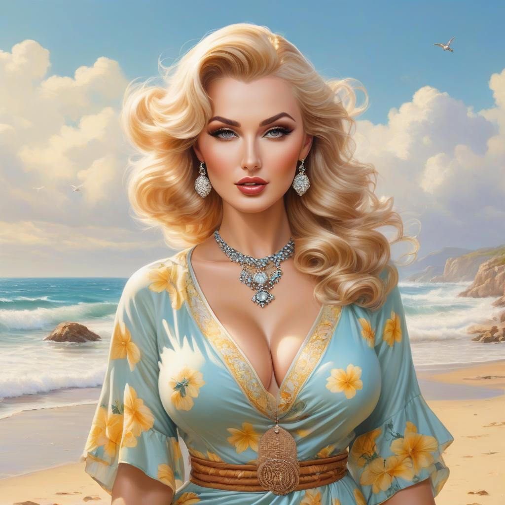  An amazing beauty, a charming woman in the pin up style, a charming curvy beauty, a cutie pampushka, blonde with boho style jewelry. She is depicted in oil paints, on a beach by the sea, in a yellow with an airy pareo, with a beautiful seashell in her hands, on a clear sunny day with picturesque soft clouds in the sky and a light wind. hyperrealistic, full body, detailed clothing, highly detailed, cinematic lighting, stunningly beautiful, intricate, sharp focus, f/1. 8, 85mm, (centered image composition), (professionally color graded), ((bright soft diffused light)), volumetric fog, trending on instagram, trending on tumblr, HDR 4K, 8K