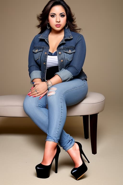   and curvy Hispanic with gles, sitting and wearing a denim jacket, black , and high heels