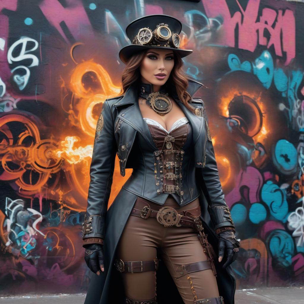  graffiti style Steampunk, underworld. . street art, vibrant, urban, detailed, tag, mural hyperrealistic, full body, detailed clothing, highly detailed, cinematic lighting, stunningly beautiful, intricate, sharp focus, f/1. 8, 85mm, (centered image composition), (professionally color graded), ((bright soft diffused light)), volumetric fog, trending on instagram, trending on tumblr, HDR 4K, 8K