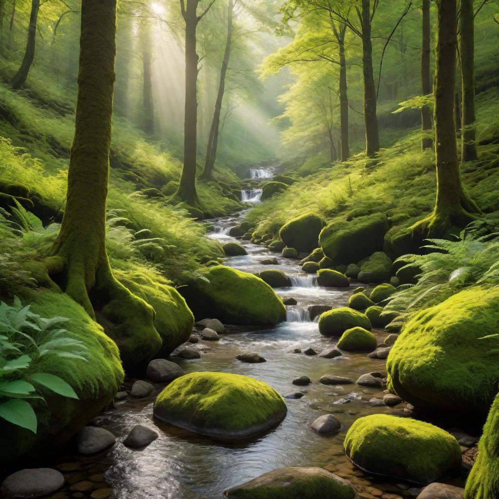  A beautiful dense forest with tall, green trees, sunlight filtering through the leaves, a small stream running through with rocks and moss. Birds and small animals can be seen around, creating a peaceful and lively atmosphere. hyperrealistic, full body, detailed clothing, highly detailed, cinematic lighting, stunningly beautiful, intricate, sharp focus, f/1. 8, 85mm, (centered image composition), (professionally color graded), ((bright soft diffused light)), volumetric fog, trending on instagram, trending on tumblr, HDR 4K, 8K