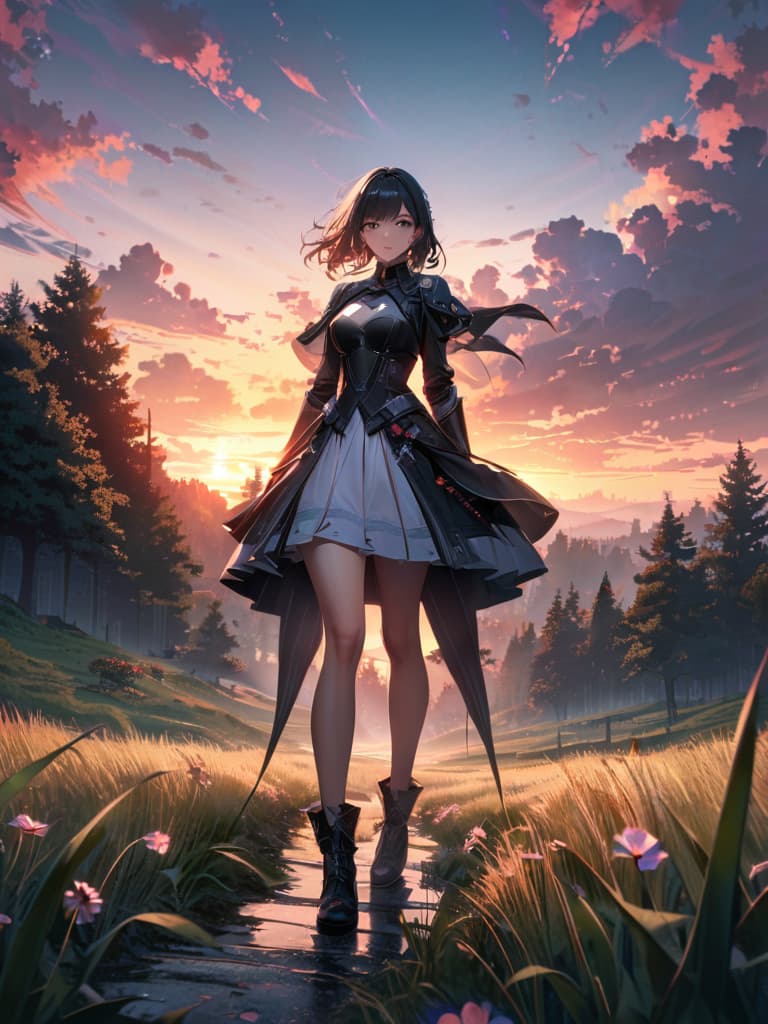  sky, tree, cloud, scenery, outdoors, grass, sunset, star \(sky\), flower, starry sky, cloudy sky, no humans, 1girl, solo, twilight, nature, wind, masterpiece, best quality, very aesthetic, absurdres, hyperrealistic, full body, detailed clothing, highly detailed, cinematic lighting, stunningly beautiful, intricate, sharp focus, f/1. 8, 85mm, (centered image composition), (professionally color graded), ((bright soft diffused light)), volumetric fog, trending on instagram, trending on tumblr, HDR 4K, 8K