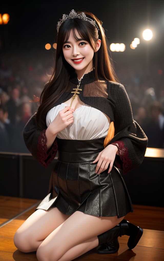  (RAW Shooting: 1.2), 32K quality, Masterpiece, Raw photo, Dramatic lighting, Concert stage, Gothic Lolita fashion, (Photorealistic: 1.4), (Masterpiece: 1.3), (Top quality: 1.4), Beautiful, cute Japanese woman, (Kanna Hashimoto) (((big smile))) ((mini skirt)) (((Cute Pose))) hyperrealistic, full body, detailed clothing, highly detailed, cinematic lighting, stunningly beautiful, intricate, sharp focus, f/1. 8, 85mm, (centered image composition), (professionally color graded), ((bright soft diffused light)), volumetric fog, trending on instagram, trending on tumblr, HDR 4K, 8K