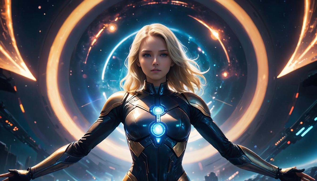  1girl, large busted attractive blonde arian female humanoid, cosmic symbols surrounding, glowing energy field, universe backdrop, celestial puzzle, high tech clothing clad in sleek, futuristic costume with metallic accents and form fitting designs, marvel superhero comics style, unreal engine rendering