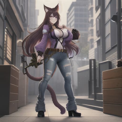  Cat girl, purple eyes, brown hair, fluffy tail, in a jean outfit, Drug Trafficker, with weapons hyperrealistic, full body, detailed clothing, highly detailed, cinematic lighting, stunningly beautiful, intricate, sharp focus, f/1. 8, 85mm, (centered image composition), (professionally color graded), ((bright soft diffused light)), volumetric fog, trending on instagram, trending on tumblr, HDR 4K, 8K