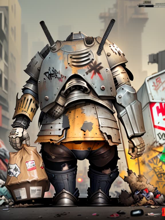  (masterpiece, cartoon, humorous: 1.7). (dirty, armored knight bum, trash warrior: 0.8) ((((urban, gritty), post apocalyptic), exaggerated)), comedic, RPG character, full body, dirty, detailed, tattered clothes, rusty armor, improvised weapons, graffiti background, trash, cinematic lighting, vibrant colors, high contrast, atmospheric, 4k, HDR, (detailed face, alcoholic face, scruffy beard, missing teeth, scars, unkempt hair, bloodshot eyes), (vivid purple armor, neon green accents, bright orange rags, blue metallic elements, unique colors) hyperrealistic, full body, detailed clothing, highly detailed, cinematic lighting, stunningly beautiful, intricate, sharp focus, f/1. 8, 85mm, (centered image composition), (professionally color graded), ((bright soft diffused light)), volumetric fog, trending on instagram, trending on tumblr, HDR 4K, 8K