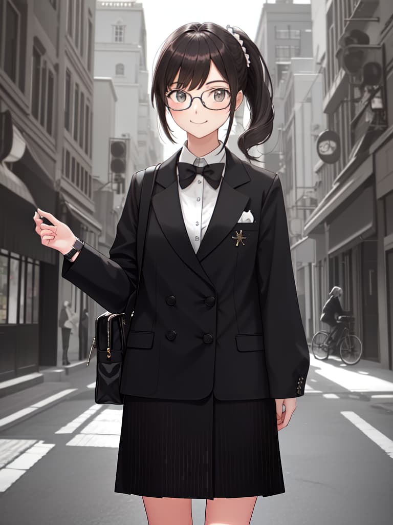  Stylish glasses girls, modern coordinates, ponytails, margin smiles, towns, handbacks, watches, masterpiece, best quality,8k,ultra detailed,high resolution,an extremely delicate and beautiful,hyper detail