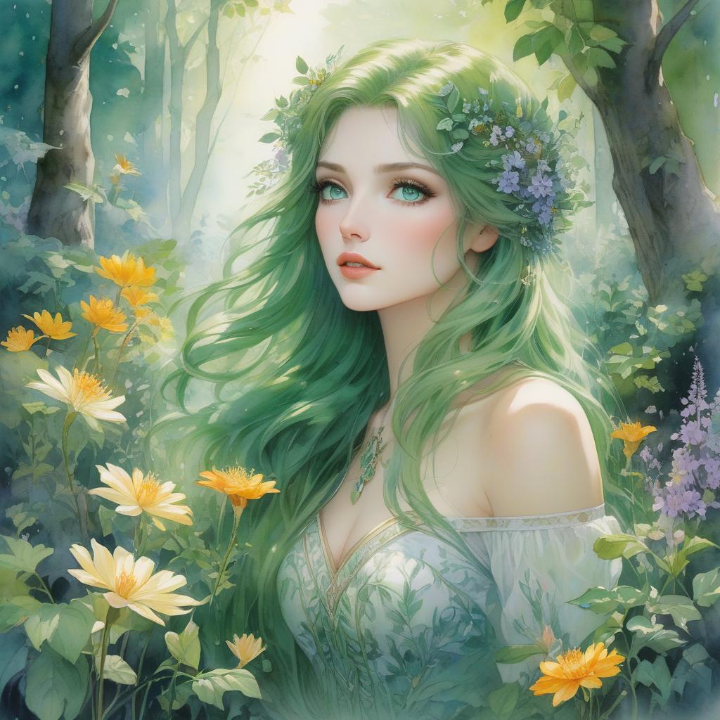  retro game art n the style of Nathalie Picoulet, an awe inspiring watercolor painting transports viewers to a magical forest. At the center of this enchanting scene stands a breathtakingly beautiful woman, her ethereal presence suffused with the essence of nature. Delicate brushstrokes depict her flowing hair intertwined with vibrant wildflowers, each petal meticulously detailed. Her emerald eyes emanate a captivating radiance, perfectly mirroring the lush greenery surrounding her. This meticulously crafted image evokes a sense of wonder, inviting spectators to explore the mystical world captured within this stunning watercolor masterpiece. . 16 bit, vibrant colors, pixelated, nostalgic, charming, fun hyperrealistic, full body, detailed clothing, highly detailed, cinematic lighting, stunningly beautiful, intricate, sharp focus, f/1. 8, 85mm, (centered image composition), (professionally color graded), ((bright soft diffused light)), volumetric fog, trending on instagram, trending on tumblr, HDR 4K, 8K