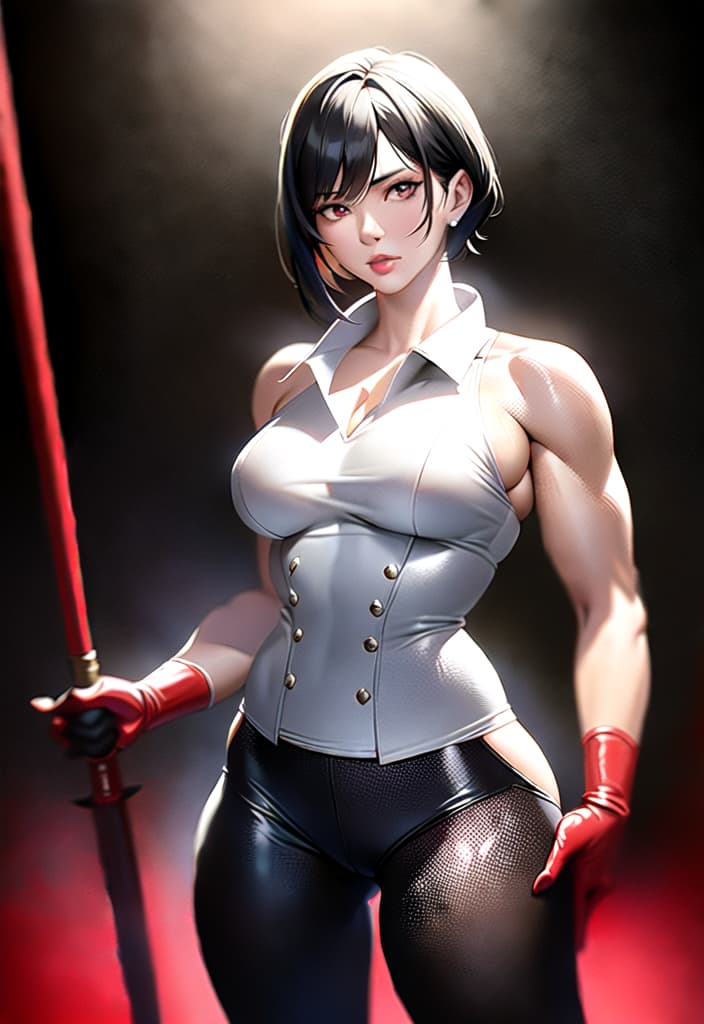  Black hair, berry short hair, beautiful woman, white dress shirt, red corset, black leather pants, muscles, always have Japanese swords, Be sure to draw from the head to the thigh, the background is outdoor, (Masterpiece, BestQuality:1.3), (ultra detailed:1.2), (hyperrealistic:1.3), (RAW photo:1.2),High detail RAW color photo, professional photograph, (Photorealistic:1.4), (realistic:1.4), ,professional lighting, (japanese), beautiful face, (realistic face)