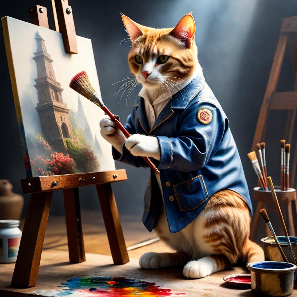  A painter cat is painting. hyperrealistic, full body, detailed clothing, highly detailed, cinematic lighting, stunningly beautiful, intricate, sharp focus, f/1. 8, 85mm, (centered image composition), (professionally color graded), ((bright soft diffused light)), volumetric fog, trending on instagram, trending on tumblr, HDR 4K, 8K