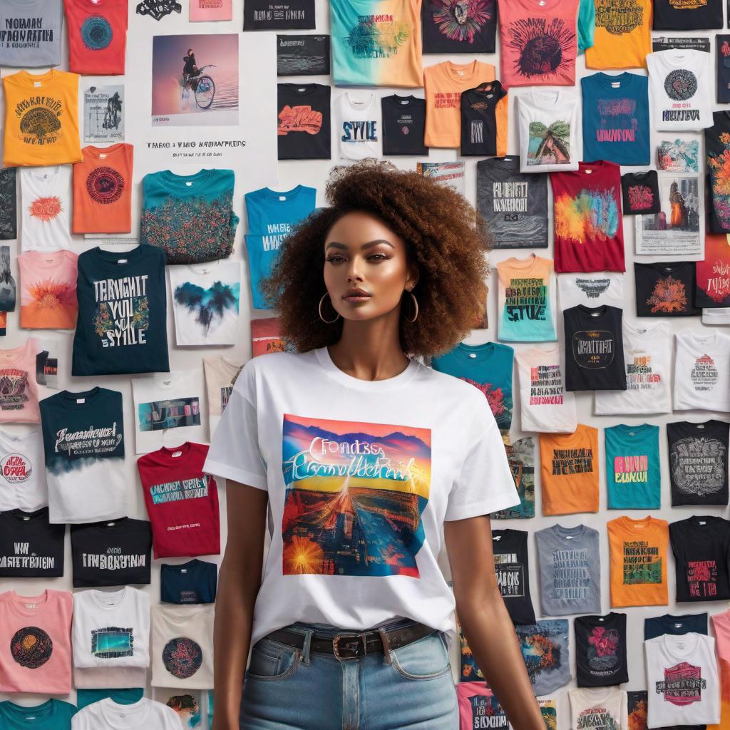  A vibrant Instagram Reel post showcasing customizable T-shirts. The image should feature an array of colorful, uniquely designed T-shirts, each with different patterns, quotes, and graphics. The background should be energetic and eye-catching, possibly featuring splashes of paint or creative elements that emphasize creativity and customization. Include dynamic text overlays like 'Create Your Style!', 'Endless Possibilities!', and 'Wear Your Story!'. Ensure the image conveys excitement and personalization. hyperrealistic, full body, detailed clothing, highly detailed, cinematic lighting, stunningly beautiful, intricate, sharp focus, f/1. 8, 85mm, (centered image composition), (professionally color graded), ((bright soft diffused light)), volumetric fog, trending on instagram, trending on tumblr, HDR 4K, 8K