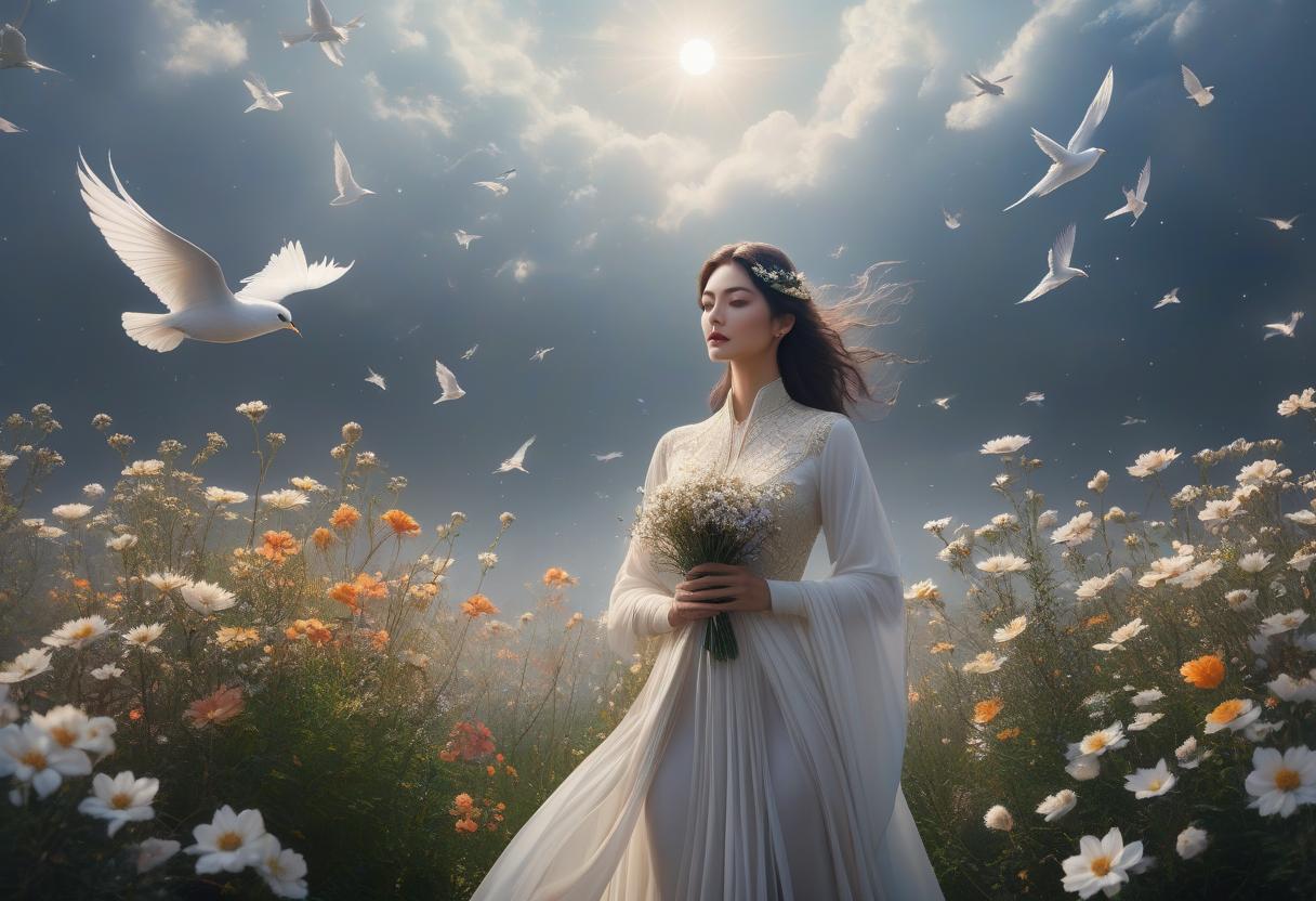  concept art "woman holding the cosmos in her hands, calm, her hair fluttering full of birds, in the background is the universe full of birds, flowers and boats in Surreal artisanal hallucinations made entirely of Sun and Moon, highly detailed, fairytale, Dee Nickerson, elegant, sharp focus, 8 k, octane render" . digital artwork, illustrative, painterly, matte painting, highly detailed hyperrealistic, full body, detailed clothing, highly detailed, cinematic lighting, stunningly beautiful, intricate, sharp focus, f/1. 8, 85mm, (centered image composition), (professionally color graded), ((bright soft diffused light)), volumetric fog, trending on instagram, trending on tumblr, HDR 4K, 8K