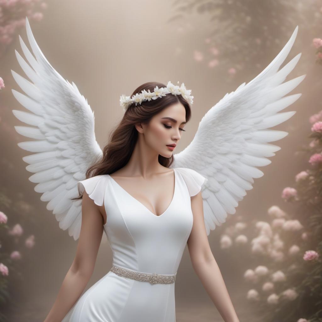  An angel with large beautiful white wings flies in a paradise, among flowers.Style art hyperrealistic, full body, detailed clothing, highly detailed, cinematic lighting, stunningly beautiful, intricate, sharp focus, f/1. 8, 85mm, (centered image composition), (professionally color graded), ((bright soft diffused light)), volumetric fog, trending on instagram, trending on tumblr, HDR 4K, 8K