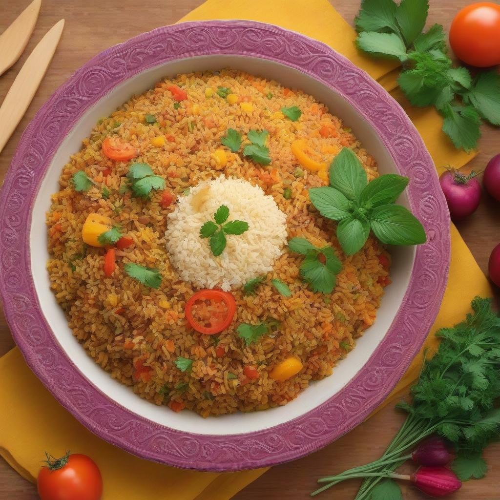  A large dish with a fragrant Uzbek pilaf appetizably colorfully realistically in the style of Provence