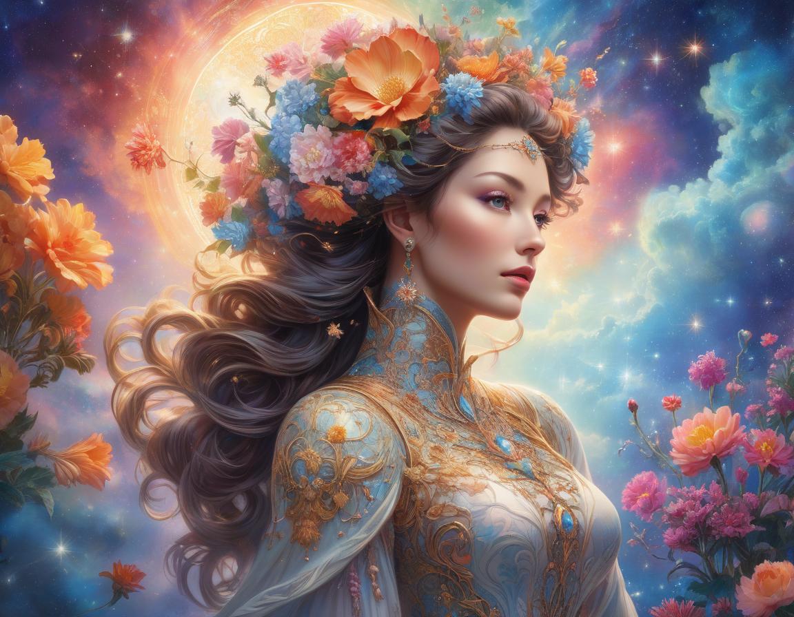  concept art A digital artwork of a woman with flowers in her hair against a vibrant cosmic background with stars and nebulas. 1 stunningly beautiful young woman as the central figure, set against a mesmerizing multicolor galaxy cloud backdrop. The woman exudes a sense of wonder and grace, reminiscent of Josephine Wall's distinctive style. Her face is a flawless blend of mechanical precision and extraordinary beauty, with android like features intertwined with delicate flower elements. The overall composition is hyper detailed, drawing inspiration from the works of Ernst Haeckel and James Jean. The image is a masterpiece of generative art, incorporating elements of baroque aesthetics, intricate patterns, and fractalism. It captures a cinemat hyperrealistic, full body, detailed clothing, highly detailed, cinematic lighting, stunningly beautiful, intricate, sharp focus, f/1. 8, 85mm, (centered image composition), (professionally color graded), ((bright soft diffused light)), volumetric fog, trending on instagram, trending on tumblr, HDR 4K, 8K