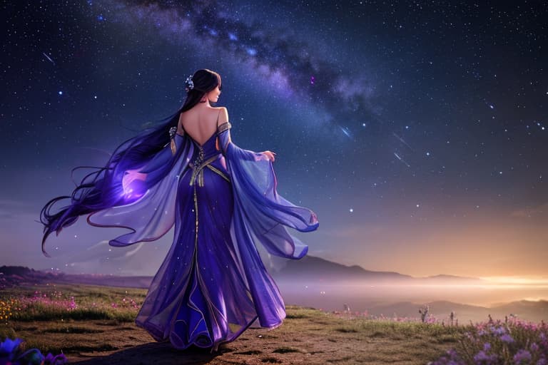  The character&#39;s face is not visible from the back. Walking towards the Milky Way in an elegant manner. The Milky Way emits a beautiful combination of purple and blue colors, and numerous stars are shining. The sky is dark at night, but the light of the Milky Way illuminates the surroundings brightly. The light of the Milky Way stretches out like a road in front of the character, brightly illuminating the path she walks. Overall, this scene creates a mysterious and fantastic atmosphere, as if you could see it in a dream. The back view of the person walking is soft and elegant, and combined with the beauty of the Milky Way, it creates a picturesque scene. A person can be seen slightly to the left of the center of the image. The figure has hyperrealistic, full body, detailed clothing, highly detailed, cinematic lighting, stunningly beautiful, intricate, sharp focus, f/1. 8, 85mm, (centered image composition), (professionally color graded), ((bright soft diffused light)), volumetric fog, trending on instagram, trending on tumblr, HDR 4K, 8K