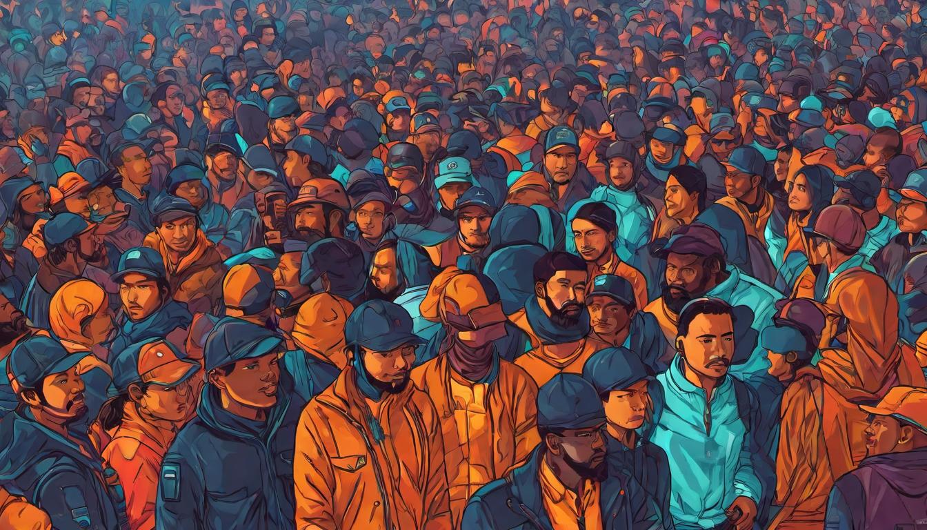  digital illustration, Figures standing together, diverse crowd, unified stance, collective energy, new dawn, luminous, looking at viewer, dynamic pose, (intricate details, masterpiece, best quality)