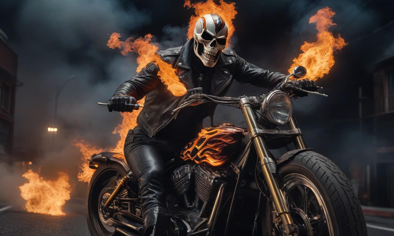  Marvel Ghost Rider shouts on the burning motorcycle rides at night, shouts track. hyperrealistic, full body, detailed clothing, highly detailed, cinematic lighting, stunningly beautiful, intricate, sharp focus, f/1. 8, 85mm, (centered image composition), (professionally color graded), ((bright soft diffused light)), volumetric fog, trending on instagram, trending on tumblr, HDR 4K, 8K