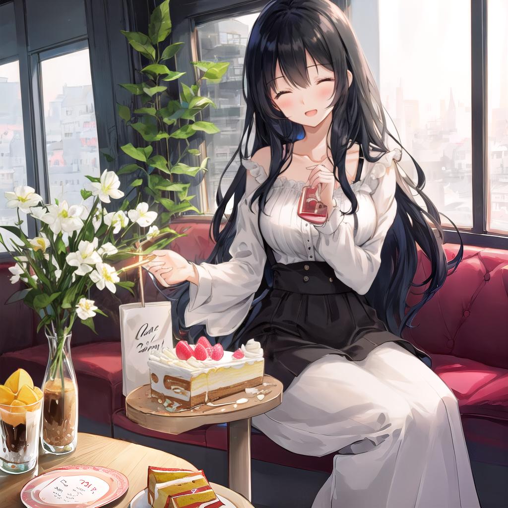  beautiful illustration, best quality, cute girl, a girl, cafe, sitting, parfait, cake, (spoken heart), happy, open mouth, close eyes, casual clothes, collarbone, long hair, black hair hyperrealistic, full body, detailed clothing, highly detailed, cinematic lighting, stunningly beautiful, intricate, sharp focus, f/1. 8, 85mm, (centered image composition), (professionally color graded), ((bright soft diffused light)), volumetric fog, trending on instagram, trending on tumblr, HDR 4K, 8K