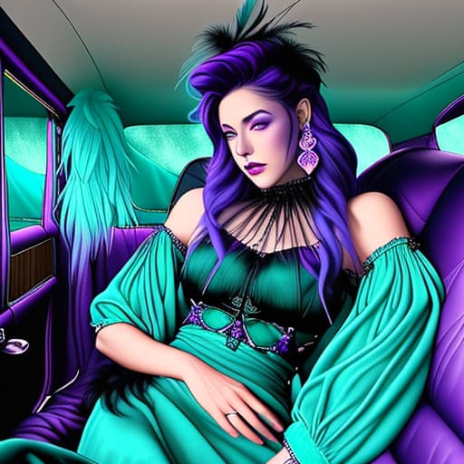  interior old car with black leather, and purple velvet accents with a lady character dress design with feathers top and long dress made bit purple, dark blue green, turquoise siting on the front seat