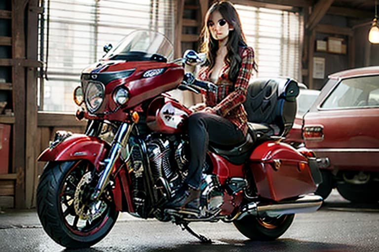  Candy red Indian Roadmaster motorcycle, with a driver in a red suit with plaid patterns, ultra sexy neckline and pumps hyperrealistic, full body, detailed clothing, highly detailed, cinematic lighting, stunningly beautiful, intricate, sharp focus, f/1. 8, 85mm, (centered image composition), (professionally color graded), ((bright soft diffused light)), volumetric fog, trending on instagram, trending on tumblr, HDR 4K, 8K