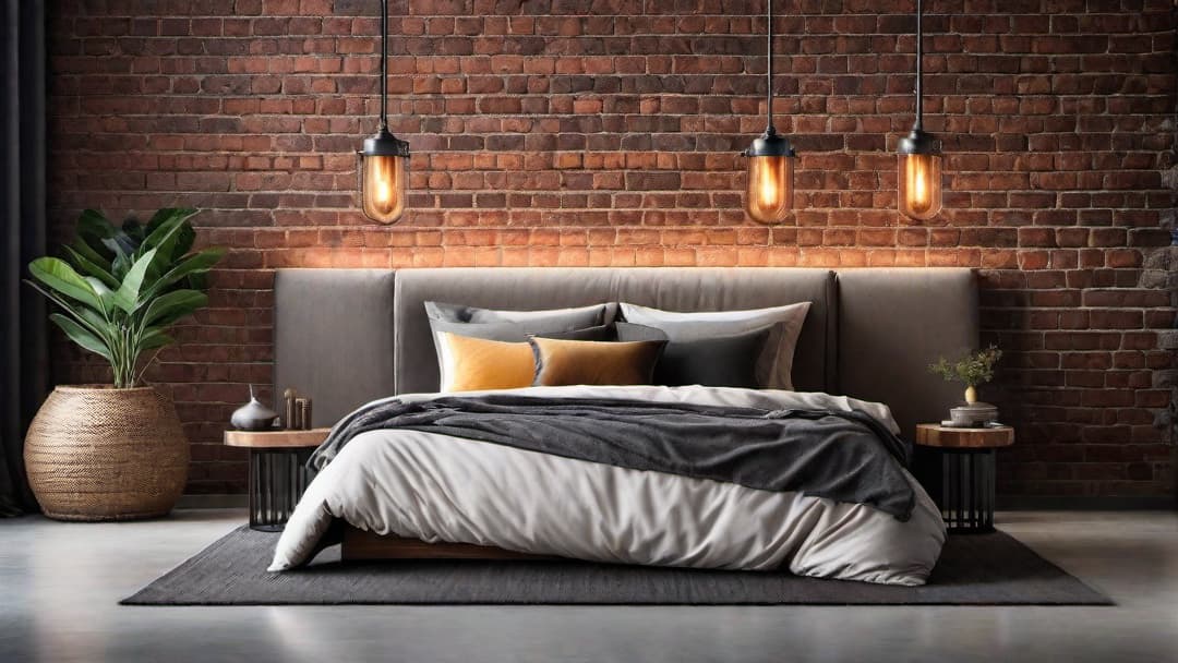  Create an image of a Modern Industrial Bedroom with exposed brick walls, a metal and reclaimed wood bed frame, contrasting textures like a soft rug and metal bedside tables. Simplistic, functional lighting fixtures should cast a warm glow to soften the rugged elements, capturing an Industrial Chic vibe. hyperrealistic, full body, detailed clothing, highly detailed, cinematic lighting, stunningly beautiful, intricate, sharp focus, f/1. 8, 85mm, (centered image composition), (professionally color graded), ((bright soft diffused light)), volumetric fog, trending on instagram, trending on tumblr, HDR 4K, 8K